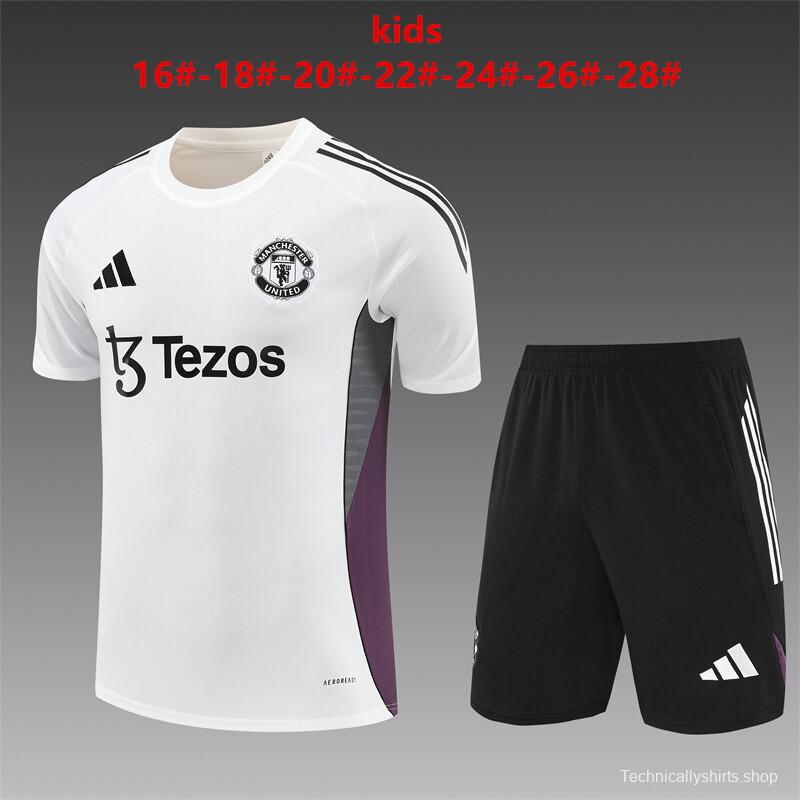 25/26 Kids Manchester United White Purple Short Sleeve+Soccer Shorts