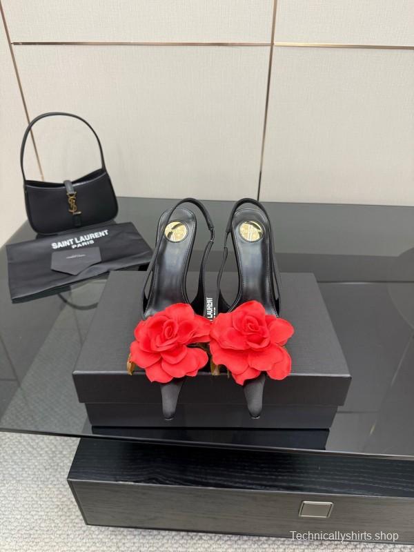 Saint Laurent 2025 SS Rose Thorn High Heels with Sculptural Gold Heel - KFY00320