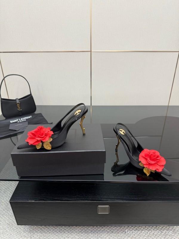 Saint Laurent 2025 SS Rose Thorn High Heels with Sculptural Gold Heel - KFY00320