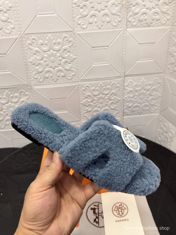 H Teddy Wool H Slippers Flat Sole Autumn Winter - LY00240