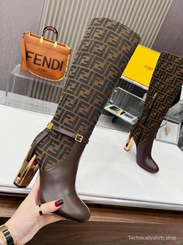 FENDI Delfina Round Toe Boots with FF Buckle and Heel Detailing - LY00