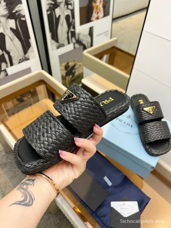 Prada 2025 SS Raffia Handwoven Open-Toe Sandals - KFY00260