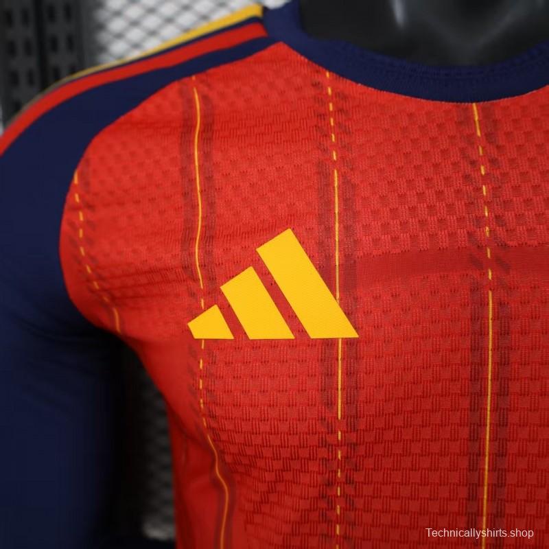 Player Version 2026 Spain Home Long Sleeve Red with Vertical Stripe Pattern Jersey