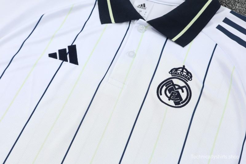 26/27   Real Madrid White Stripes Polo Training Shirt + Long Pants Tracksuit