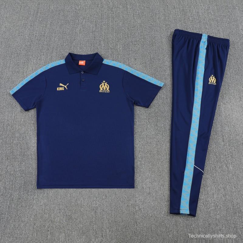 26/27  Marseille Navy Blue  Polo Training Shirt + Long Pants Tracksuit