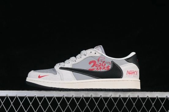 Nike Travis Scott x Fragment Design x Air Jordan 1 Low OG SP Retro High-Quality Lifestyle Sneakers with Multi-Brand Collaboration Grey Red Contrast - JP2026-117