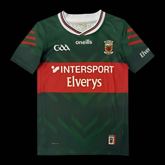25/26 Kids  Mayo GAA Green and Red with Chevron Pattern Home Jersey